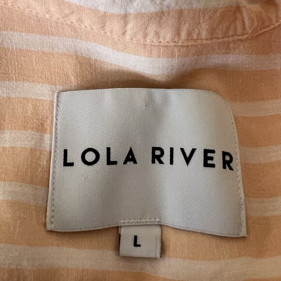 3/$30 Lola River Shirt Size Large Orange White Striped Tie Front Tencel Linen - Picture 3 of 11